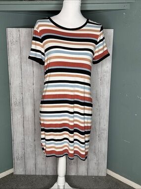 Justify Striped Short Sleeve Mini Dress in Rust, Cream & Light Blue